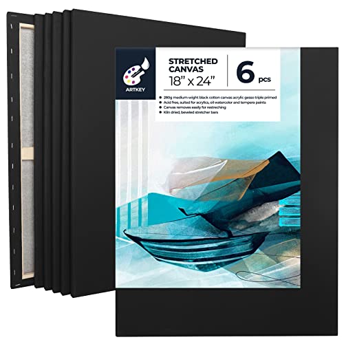 Artkey Black Canvas, 18x24 Inch 6-Pack Stretched Canvases for Painting, 10 oz Triple Primed Acid-Free 100% Cotton Black Canvas for Painting, Paint Canvas for Acrylics Pouring Oil Watercolor Paints - size: 18"X24"(6-PACK)