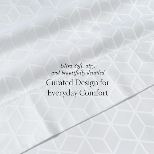 Threadmill Egyptian Cotton Queen Sheet Set | 100% Certified Egyptian Cotton Sheets for Queen Size Bed | Queen Bed Sheets Set Snug Fit Deep Pocket | Soft Cooling Damask Jacquard Bedding Set | White - color: Bright White Cadence, size: Queen