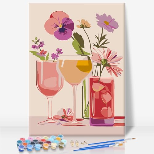 Camocin Framed Paint by Numbers Kit for Adults Beginner - Floral Cocktail Paint by Number Canvas with Frame, Pink Wine Glass DIY Acrylic Painting Kit for Girls Room Home Wall Decor 8x12 Inch - color: Cocktail-2, size: 8x12 Inch