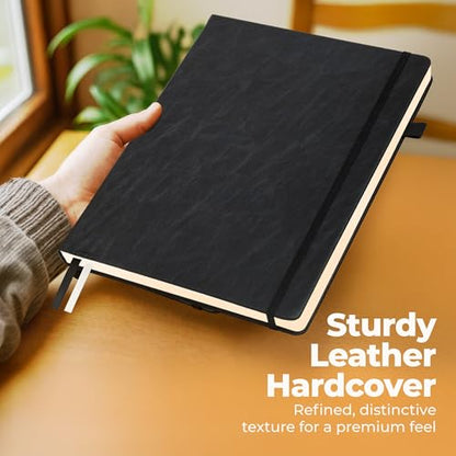 Classic Lined Journal Notebook 8.5x11" A4 Hardcover Leather - Black - 200 Pages College Ruled Large with Sticky Tabs, Pockets, and Pen Loop for Writing and Journaling - Big Hardback Men and Women - color: Black, size: A4 200 Pages