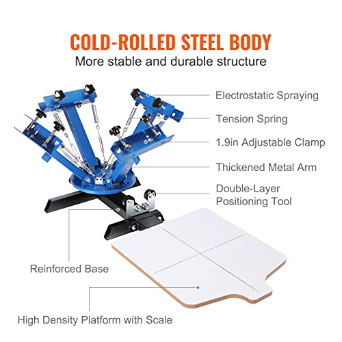 VEVOR Screen Printing Machine, 4 Color 1 Station 360° Rotable Silk Screen Printing Press, 21.2x17.7in / 54x45cm Screen Printer Press, Double-Layer Positioning Pallet for T-Shirt DIY Printing