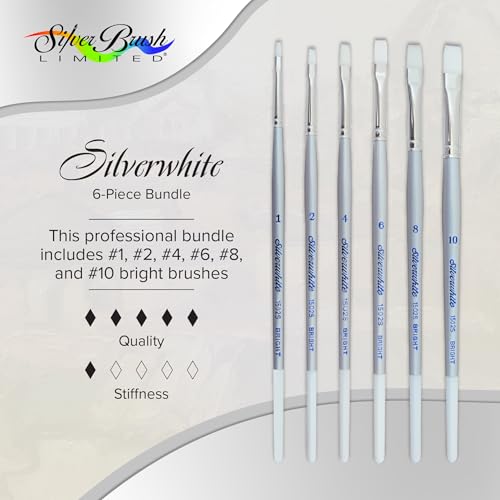 Silver Brush Limited SW-1585S Silverwhite Short Handle Bright Brushes with Soft Synthetic Taklon, 6pc Premium Artist Painting Bundle for Acrylics, Watercolor, Gauche, Ink, Dye, Craft Paint, & Tempera - style: 6 Pc, Short Handle Brights