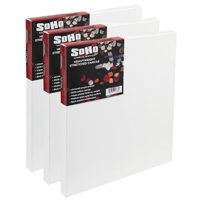 SoHo Urban Artist, 18x24 Heavyweight Stretched Cotton Canvas for Painting - 1.5" Deep- 3 Pack, Triple Primed, 100% Cotton Canvas, Archival, Universal Primed for Oil, Acrylic, Alkyd, Mixed Media - size: 18"x24"
