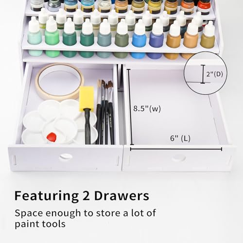 Krafetto Miniatures Paint & Paintbrush Storage Organizer Rack, Craft Paints Holder with Drawer, 43 Holes for Model Paint, 16 Holes for 2 oz Paints, 22 Holes for Brush