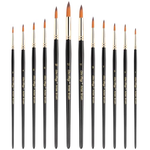 12 Pcs Round Paint Brushes Watercolor Brushes Round Tip Artist Painting Brushes Professional Nylon Detail Paint Brush for Watercolor Acrylic Ink Gouache Oil Tempera Painting