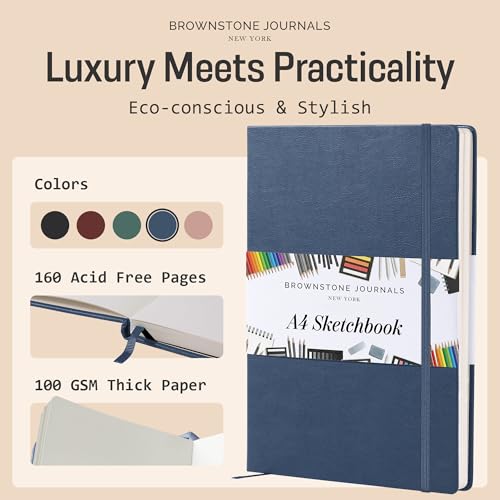 BROWNSTONE JOURNALS A4 Sketch Book Hardcover - 80 Sheets 100 GSM Paper 8.5"x11.5", Lay Flat, Vegan Leather Cover, Elastic Band, Back Pocket, Art Drawing Book (Symphony Blue) - color: Symphony Blue, size: A4 (8.5" x 11.5")