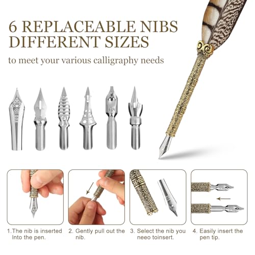 Calligraphy Pen Set - Feather Dip Pen,Dual Tip Calligraphy Fountain Pen | Stamp, Wax Candle, Pen Base, Ink Bottle, Ink Cartridges L492