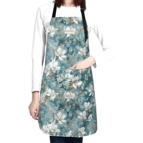 Fresh Meadow Floral Waterproof Apron with Pockets | Housework Aprons for Men Women Adjustable Bib Apron for Cooking Kitchen Baking BBQ Painting Garden Oil Resistant - color: Diaphanous Petal Vines