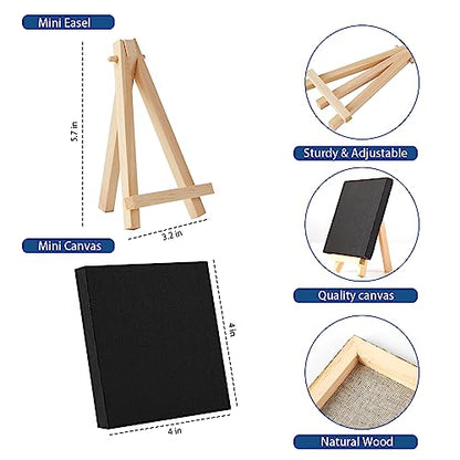 Mini Canvases with Easel Set, Pack of 14, 4' x 4' Inches Black Canvas Boards and 18pcs 5' Mini Easel, Small Canvas, Art Supplies for Acrylic Pouring and Oil Painting - size: 4"x4" with easel