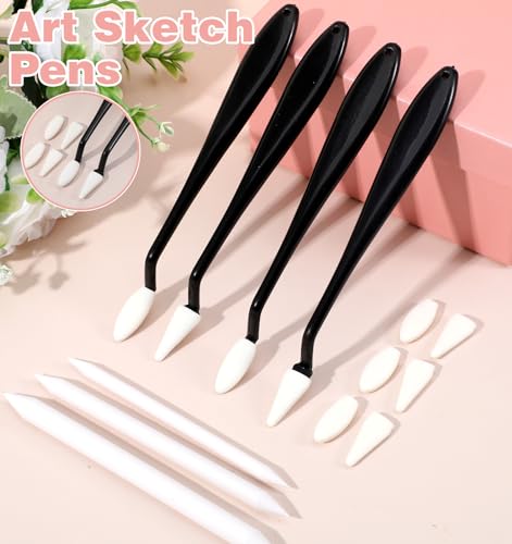 27 Pcs Blending Stumps, Blending Sticks for Drawing & Paper Erasing Pen for Drawing with 2 Sizes 40 Replacement Sponge Wipes (Highlighting, Shadowing, Correcting)
