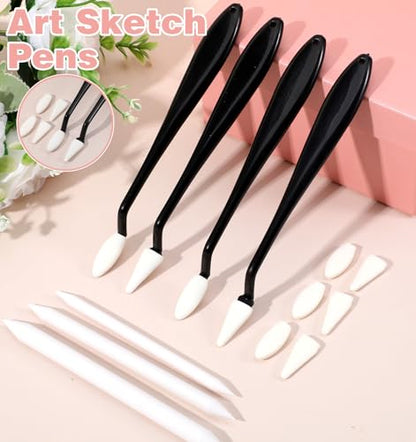 27 Pcs Blending Stumps, Blending Sticks for Drawing & Paper Erasing Pen for Drawing with 2 Sizes 40 Replacement Sponge Wipes (Highlighting, Shadowing, Correcting)
