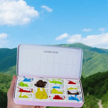 Travel Watercolor Palette,Portable Ceramic Palette with 14 Well,Metal Paint Box with Porcelain Palette(Pink Box) - color: Pink