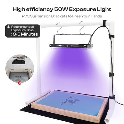 Caydo 51PCS All-in-One Screen Printing Kit with 50W LED UV Screen Printing Light, 4 Colors Screen Printing Ink, Photo Emulsion, Screen Printing Frames