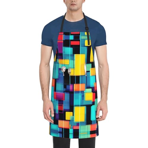 Round watercolor painting Heavy Duty Waterproof Apron with Pockets for AdultsResistant Grilling, Gardening, Painting - color: Square Geometry Diagram