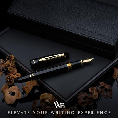 Wordsworth & Black Majesti Fountain Pen-(Black), Luxury Case, Gold Finish; 18K Gilded Medium Nib- Ink Cartridges, Refillable Ink Converter-Calligraphy Pen-Best Business Gift Set for Men & Women | Black, Gift for Men Women, Gold Finish, 18K German Iridium,