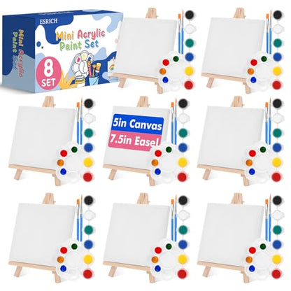 ESRICH 8 Set Mini Acrylic Paint Kit, 5in Mini Stretched Canvas with 7.5in Easel, Acrylic Paint Strips, Paint Palettes, Painting Brushes, Small Canvas and Easel Set for Kids Artists Beginner, Gift - size: 8 set 5 x 5 inches