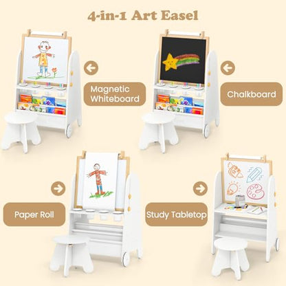 INFANS Easel for Kids with Stool, 4-in-1 Double-Sided Adjustable Magnetic Chalkboard with Paper Roll, Bookshelves, Wheels, Wooden Standing Painting Drawing Art Board for Boys Girls - style: White