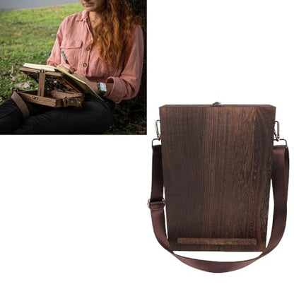 Wood Postman Bag Messenger Box with Hinged Lid Front Clasp Retro Portable Artist Tool Storage Sketch Art Easel for Painting Brown