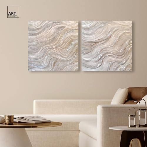 Art Remedy Silver Waves Set Canvas Set of 2 Earth Tone Abstract, Gallery Wrapped, 24 x 24 - color: Gallery Wrapped, size: 24" x 24"