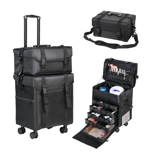 BEAUTY CASE 2 in 1 Rolling Makeup Case, Cosmetology Case on Wheels, Large Capacity Professional Makeup Bag with 8 Detachable Drawers for Makeup Artist & Hairstylist, Waterproof Oxford Fabric, Black