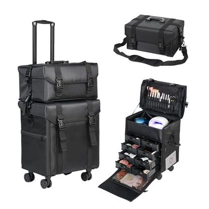 BEAUTY CASE 2 in 1 Rolling Makeup Case, Cosmetology Case on Wheels, Large Capacity Professional Makeup Bag with 8 Detachable Drawers for Makeup Artist & Hairstylist, Waterproof Oxford Fabric, Black