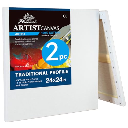 PHOENIX 24x24 Inch 2 Pack Artist Canvas - Large Square Stretched Canvases for Painting - 3/4 Inch Profile, 100% Cotton 11 Oz. Gesso Primed White Blank Professional Canvas Oil & Acrylic Paints - size: 24"x24", style: Traditional
