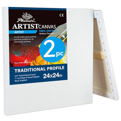 PHOENIX 24x24 Inch 2 Pack Artist Canvas - Large Square Stretched Canvases for Painting - 3/4 Inch Profile, 100% Cotton 11 Oz. Gesso Primed White Blank Professional Canvas Oil & Acrylic Paints - size: 24"x24", style: Traditional