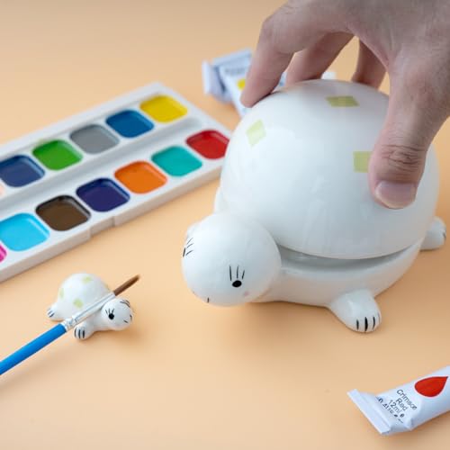 Turtle-Shaped Ceramic Paint Palette, with Removable Top Cover as Water Bowl | Wet Palette for Acrylic Painting with Brush Rest, Cute Desktop Decorations for Ocean Lovers, Creative Gifts for Artists