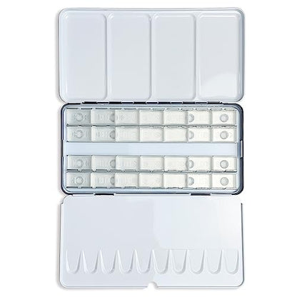FCLUB Large Watercolor Palette Tin with 28Pcs Watercolor Full Pans | Empty Metal Palette, 28Pcs White Full Pans, Folding Paint Tray, Palette with Lid, Mixing Area for Watercolor, Oils Gouache - style: Tin with 28 Transparent Full Pans