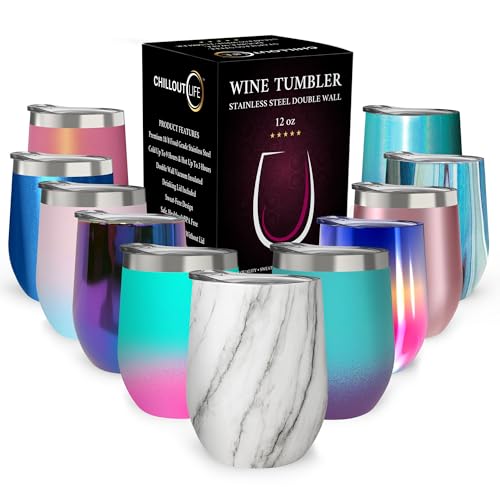 CHILLOUT LIFE 12 oz Stainless Steel Wine Tumbler with Lid - Double Wall Vacuum Insulated Wine Cup Glass Keeping Cold & Hot for Coffee, Champagne, Cocktails, Ice Cream - color: Carrara Marble, style: 1 Pack