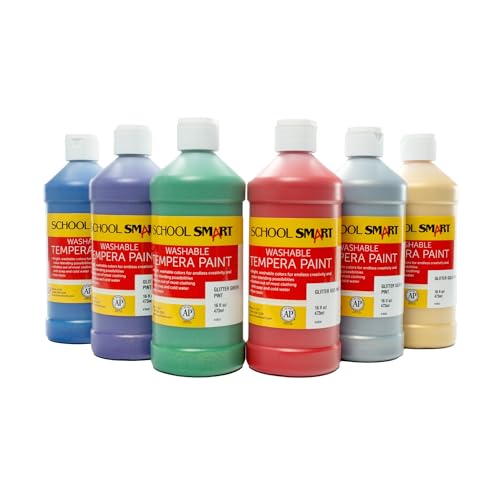School Smart Washable Tempera Paints for School and Arts and Crafts Use, 16 Ounces Each, Assorted Glitter Colors, Set of 6