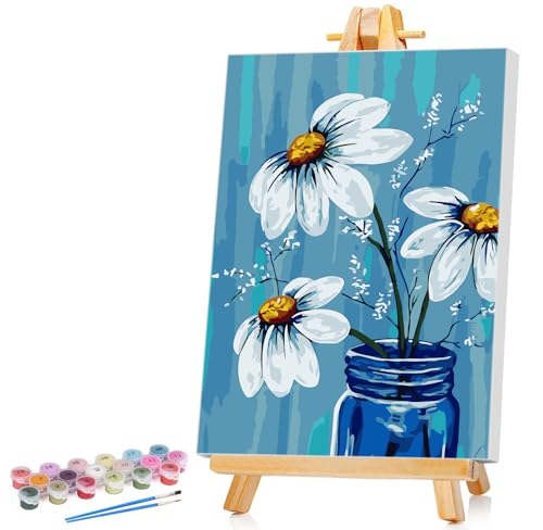 Ginkko Framed Paint by Numbers Kit for Adults Beginner & Kids Ages 8-12, Without Easel, Easy Acrylic on Canvas 8x12 inch with Paints and Brushes, Vase Flower for Home Wall Decor Gift - color: white flower framed, size: 8x12 Inch