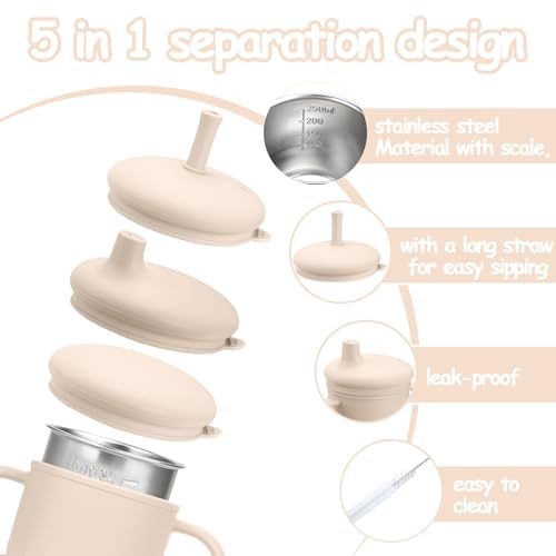 Mity rain 3-In-1 Stainless Steel Sippy Cup for 6+ Month Old, Baby Straw Cups for Toddlers 1-3 with Travel Lid, Silicone Straw, Replacement Straw & Cleaning Brush - 8oz Toddler Cups Spill Proof Set - color: Beige
