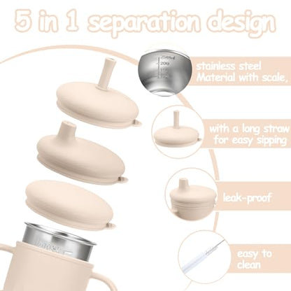 Mity rain 3-In-1 Stainless Steel Sippy Cup for 6+ Month Old, Baby Straw Cups for Toddlers 1-3 with Travel Lid, Silicone Straw, Replacement Straw & Cleaning Brush - 8oz Toddler Cups Spill Proof Set - color: Beige