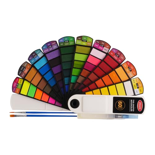 Collapsible Watercolor Paint Set with 60 colors with 2 refillable water brush pens, 2 brushes and palettes, washable Watercolor paint set for students, adults and painting enthusiasts