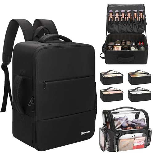 Relavel Makeup Bag Travel Train Case Makeup Backpack with 4 Clear Bags & Makeup Brush Case, Professional Makeup Artist Kit Set Bags, Cosmetics Storage Organizer Box with Adjustable Dividers, Black - color: Black with clear brush case, size: Large