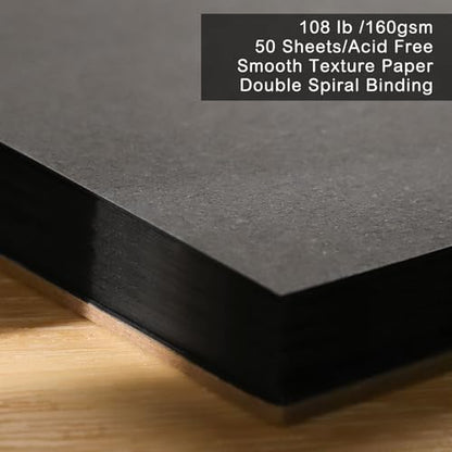 50 Sheets Black Paper Sketchbook, 108 lb/160gsm Heavyweight Black Sketch Pad 9×12in, Acid-Free Drawing Paper, Spiral Bound Sketch Book for Kids, Teens, Artist - size: 9×12 Inch (1 Pack )
