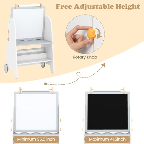 INFANS Easel for Kids with Stool, 4-in-1 Double-Sided Adjustable Magnetic Chalkboard with Paper Roll, Bookshelves, Wheels, Wooden Standing Painting Drawing Art Board for Boys Girls - style: Grey