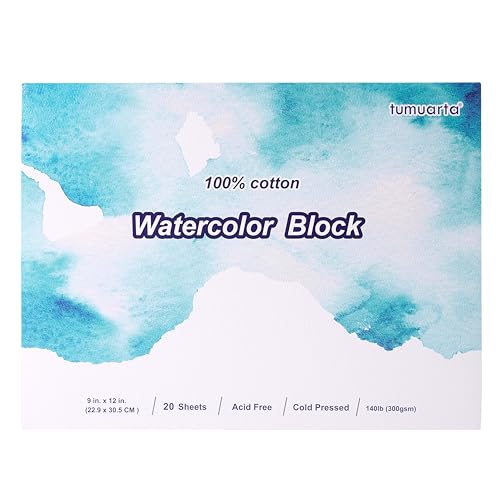 tumuarta Watercolor Block, 9x12 in, 100% Cotton, 140 LB, 300 GSM, 20 Sheets, Acid Free, Cold Press, Watercolor Paper Drawing Pad, Mixed Media Sketch Books for Watercolors, Acrylic, Gouache, Pencil - size: 9"x12"