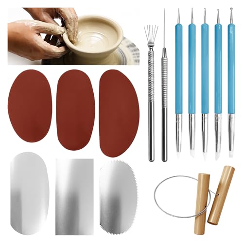 14 Pcs Pottery Clay Sculpt Tools, Silicone and Stainless Steel Squeegee with Detail Needle, Texture Needle, Cutting Cord, 5 Ceramic Double-Ended Pens for Sculpting Texturing Artists Modeling Potter