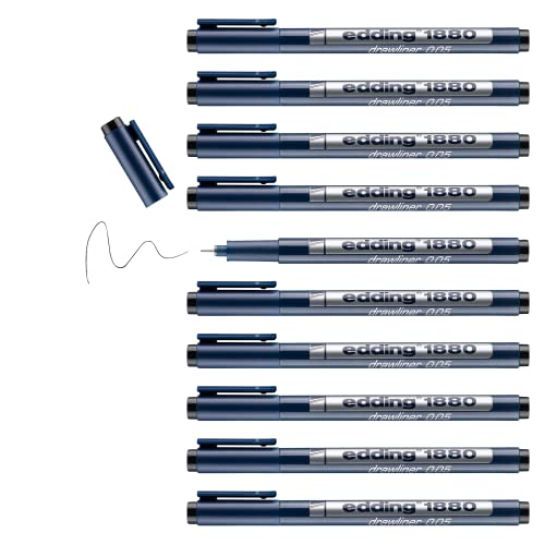 edding 1880 profipen - black - 10 pens - line width 0.2 mm - fineliner pen for precise writing, sketching and technical drawing - fine, metal-encased nib - suitable for use with rulers and stencils - color: 01: 10 Pens - 0.2mm - Black