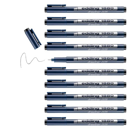 edding 1880 profipen - black - 10 pens - line width 0.2 mm - fineliner pen for precise writing, sketching and technical drawing - fine, metal-encased nib - suitable for use with rulers and stencils - color: 01: 10 Pens - 0.2mm - Black