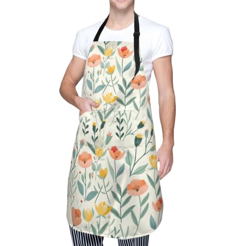 Cream Pastel Wildflower Art Waterproof Apron with Pockets | Garden Aprons for Men Women Adjustable Bib Apron for Cooking Kitchen Baking BBQ Painting Housework Oil Resistant - color: Rich Botanical Print