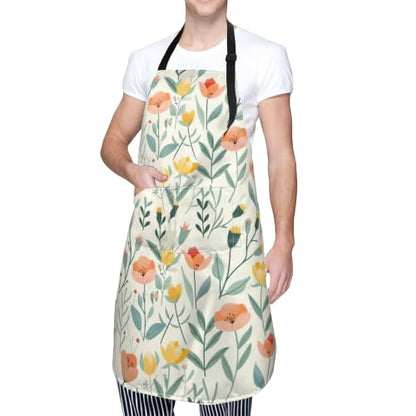 Cream Pastel Wildflower Art Waterproof Apron with Pockets | Garden Aprons for Men Women Adjustable Bib Apron for Cooking Kitchen Baking BBQ Painting Housework Oil Resistant - color: Rich Botanical Print