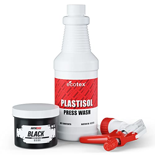 Rapid Cure® Black Plastisol Ink (8 oz.) and Ecotex® Plastisol Press Wash (Pint - 16oz.) - Ink for Screen Printing Fabric, Screen Printing Cleaner/Degreaser - Silk Screen Press Wash/Plastisol Ink - color: Black