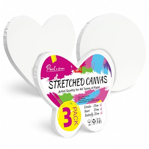 3Pack Stretched Canvas for Painting with Circle, Heart, Butterfly, 280g 100% Cotton with Seed Hulls, Acid-Free Pre-Primed Blank Canvas for Oil, Acrylic Paints, Perfect for DIY, Kids Party, Home Decor - size: 10" Canvas 3Pack