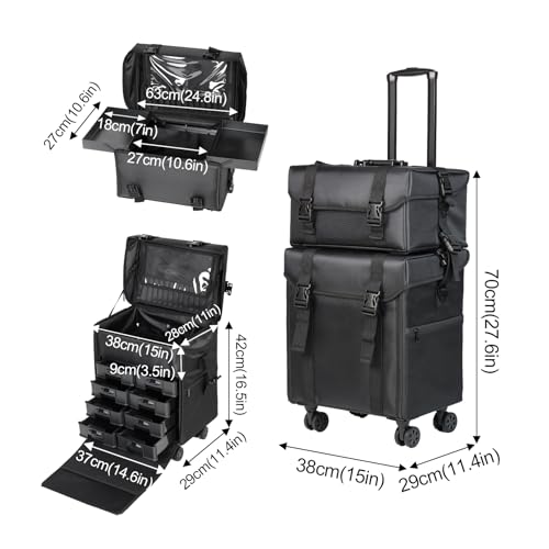 BEAUTY CASE 2 in 1 Rolling Makeup Case, Cosmetology Case on Wheels, Large Capacity Professional Makeup Bag with 8 Detachable Drawers for Makeup Artist & Hairstylist, Waterproof Oxford Fabric, Black