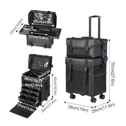 BEAUTY CASE 2 in 1 Rolling Makeup Case, Cosmetology Case on Wheels, Large Capacity Professional Makeup Bag with 8 Detachable Drawers for Makeup Artist & Hairstylist, Waterproof Oxford Fabric, Black