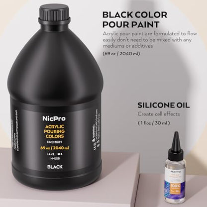Nicpro Jet Black Color Acrylic Pour Paint, 69 Ounce Pre-Mixed Pouring Paint Supplies with Silicone Pour Oil & Gloves for Canvas, Rock, Wood Cell Creation Flow DIY Art Painting, Ready to Pour - color: 69oz-black