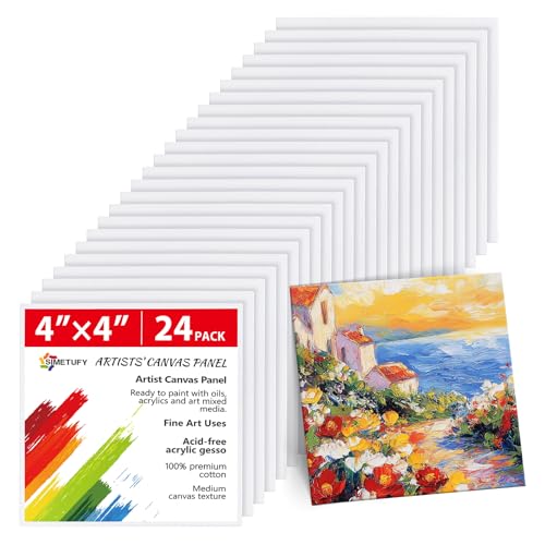 Simetufy 24 Pack 4x4 Inch Mini Canvas Boards Painting Panels, 100% Cotton Primed Acid-Free for Oil, Watercolor & Acrylic Painting, Art Projects - size: 4"x4"